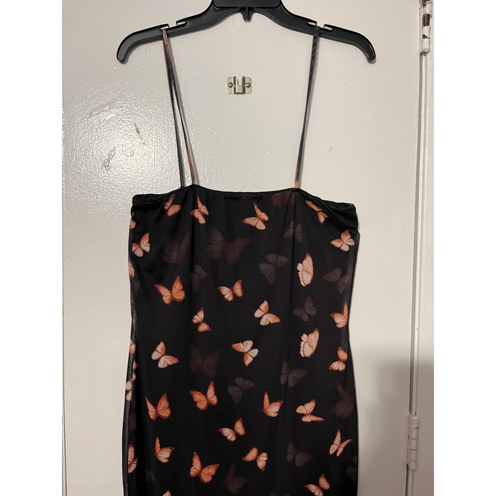 PrettyLittleThing Black Butterfly Mesh Midi Dress Ruffle Hem Size 14 Womens - Picture 10 of 10